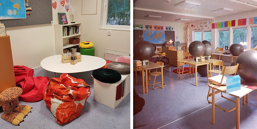 Till vänster: Det finns en ”myshörna” längst bak i klassrummet. Där kan eleverna sitta och arbeta vid ett lågt bord, med kuddar och saccosäckar. Till höger: Bild över hela klassrummet. Foto: Frida Heerman.