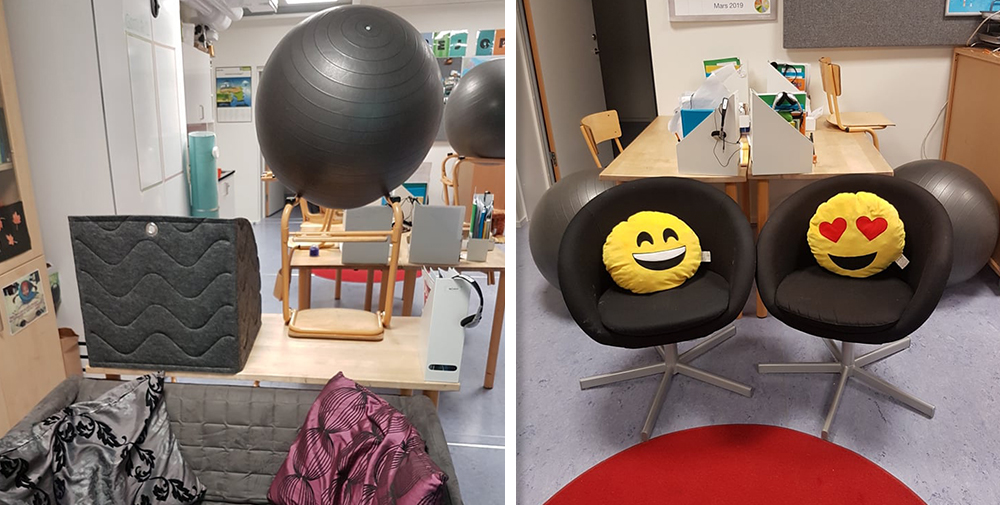 Till vänster: I klassrummet finns det en soffa, skärmar och pilatesbollar.Till höger: Två fåtöljer som står framför några bord längre bak i klassrummet. Fåtöljerna kan flyttas runt i klassrummet. Foto: Frida Heerman.