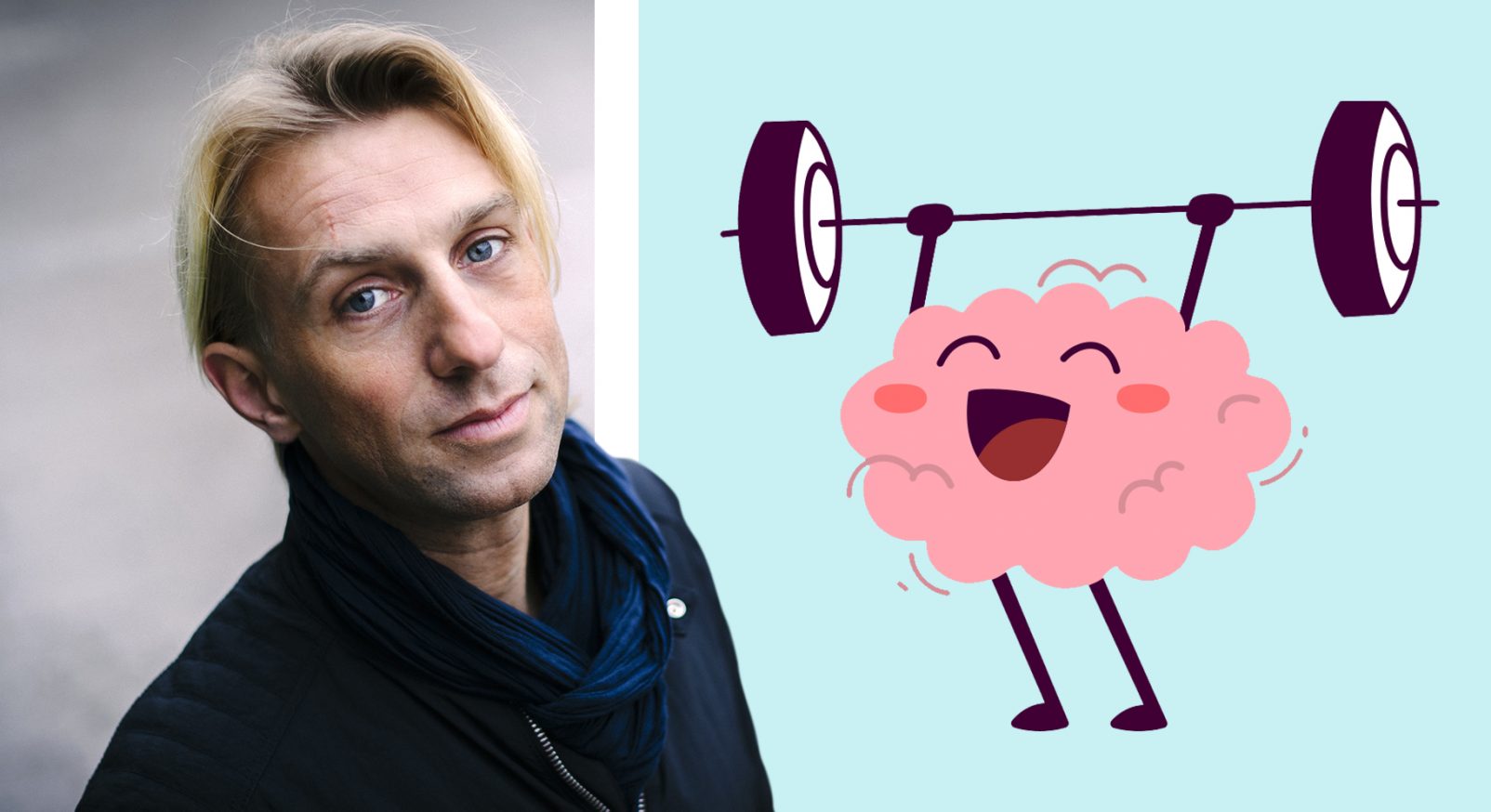 Anders Hansen och en illustration av en hjärna som ägnat sig åt tyngdlyftning.