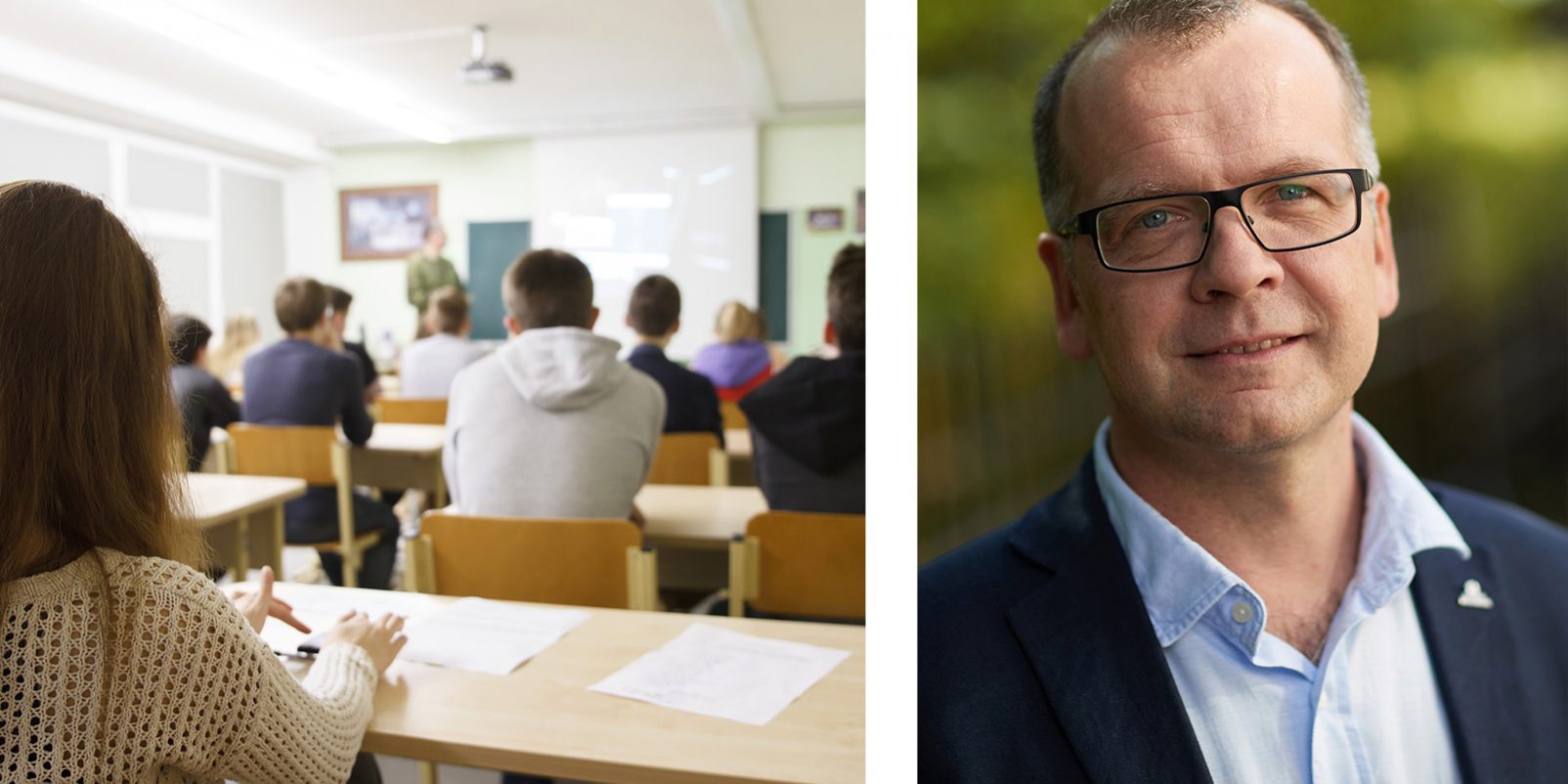 Elever och lärare i klassrum och Robert Jivegård, föreningsombud och huvudskyddsombud för Lärarnas Riksförbund