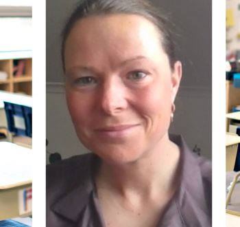 Gymnasieläraren Karin Kers och tomt klassrum.